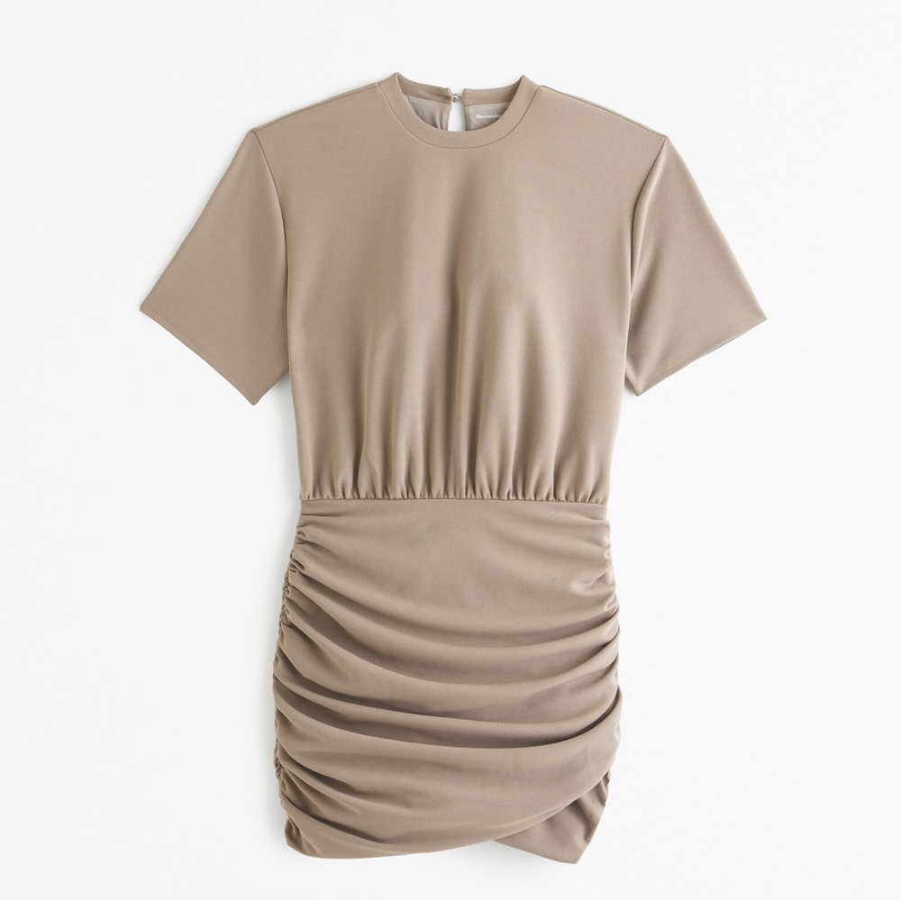 NWT Abercrombie & Fitch Taupe Ruched Short Sleeve Mini Dress – Medium Tall - Picture 2 of 10
